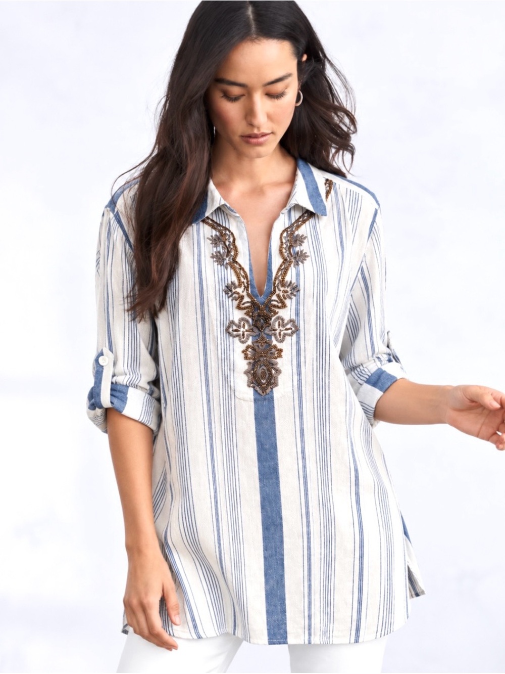 SOFT SURROUNDINGS EMBELLISHED POCKET TOP 2X STRIPED BEADED COTTON COASTAL CHIC